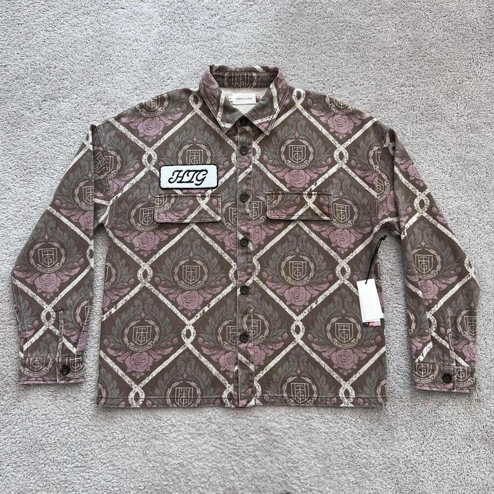 Honor The Gift Work Shirt Mens M Brown Twill Rose Crest Print Button Up
